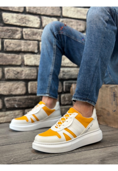 MirgeShoes Beyaz Bağcıklı Erkek Spor Ayakkabı Yan Desenli Kalın Yüksek BYZ Taban MRG010602866