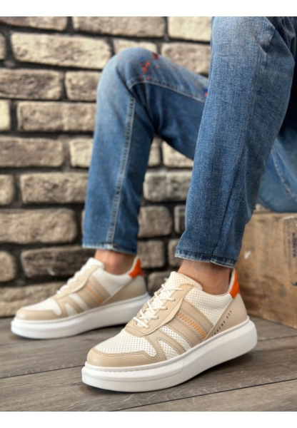 MirgeShoes Krem Bağcıklı Erkek Spor Ayakkabı Yan Desenli Kalın Yüksek BYZ Taban MRG010602866