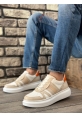 MirgeShoes Krem Bağcıklı Erkek Spor Ayakkabı Yan Desenli Kalın Yüksek BYZ Taban MRG010602866