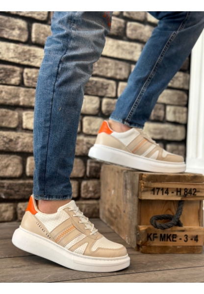 MirgeShoes Krem Bağcıklı Erkek Spor Ayakkabı Yan Desenli Kalın Yüksek BYZ Taban MRG010602866