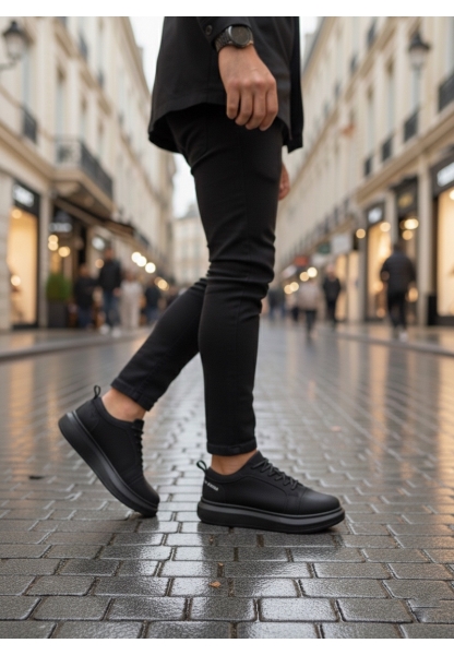 MirgeShoes Siyah Bağcıklı Erkek Spor Ayakkabı Kalın Yüksek SYH Taban MRG010602866