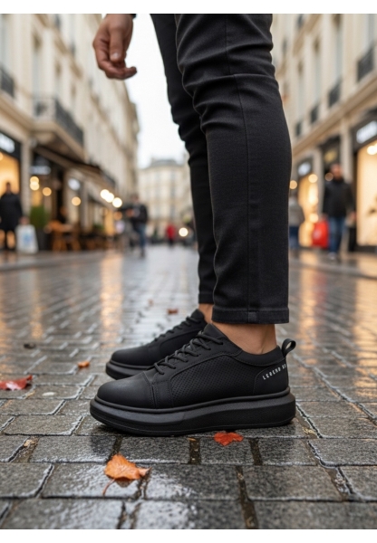 MirgeShoes Siyah Bağcıklı Erkek Spor Ayakkabı Kalın Yüksek SYH Taban MRG010602866