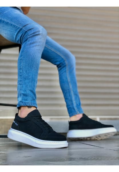 MirgeShoes Siyah Bağcıklı Erkek Spor Ayakkabı Kalın Yüksek BYZ Taban MRG010602866