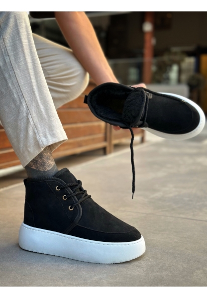 MirgeShoes Siyah Bağcıklı Erkek Tarz Spor Bot İçi Kürklü Süet Kalın BYZ Taban MRG010602868