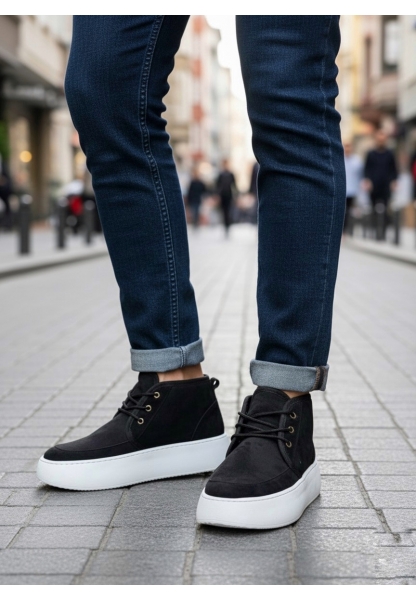 MirgeShoes Siyah Bağcıklı Erkek Tarz Spor Bot İçi Kürklü Süet Kalın BYZ Taban MRG010602868