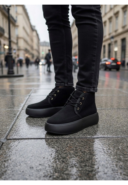 MirgeShoes Siyah Bağcıklı Erkek Tarz Spor Bot İçi Kürklü Süet Kalın SYH Taban MRG010602868