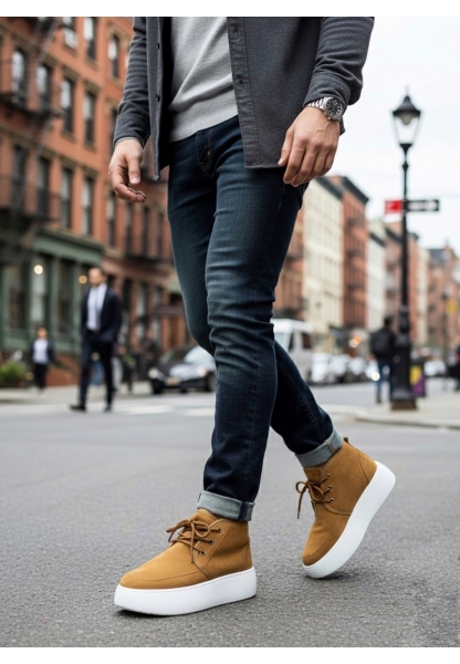 MirgeShoes Taba Bağcıklı Erkek Tarz Spor Bot İçi Kürklü Süet Kalın BYZ Taban MRG010602868