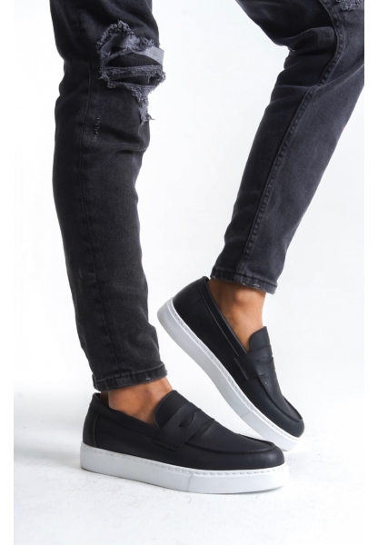 MirgeShoes Siyah Bağcıksız Erkek Loafer Ayakkabı Kuşaklı Yüksek BYZ Taban MRG010602898
