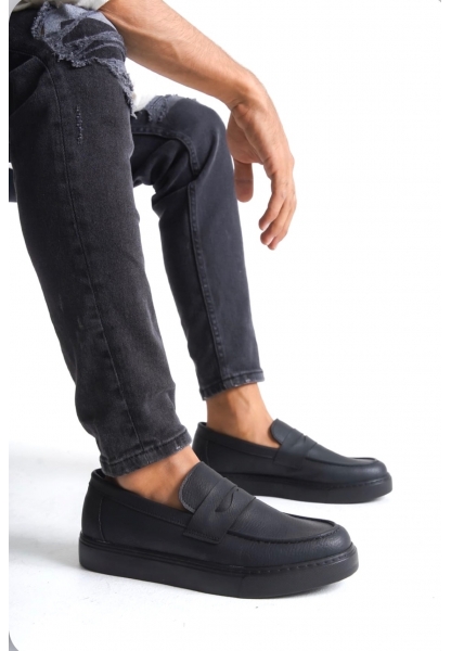 MirgeShoes Siyah Bağcıksız Erkek Loafer Ayakkabı Kuşaklı Yüksek SYHs Taban MRG010602898