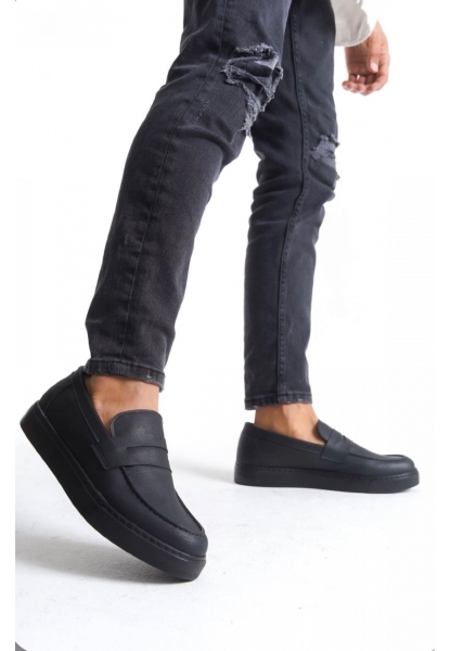 MirgeShoes Siyah Bağcıksız Erkek Loafer Ayakkabı Kuşaklı Yüksek SYHs Taban MRG010602898