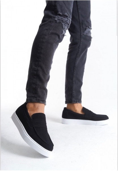 MirgeShoes Siyah Bağcıksız Erkek Loafer Ayakkabı Süet Kuşaklı Yüksek BYZ Taban MRG010602898