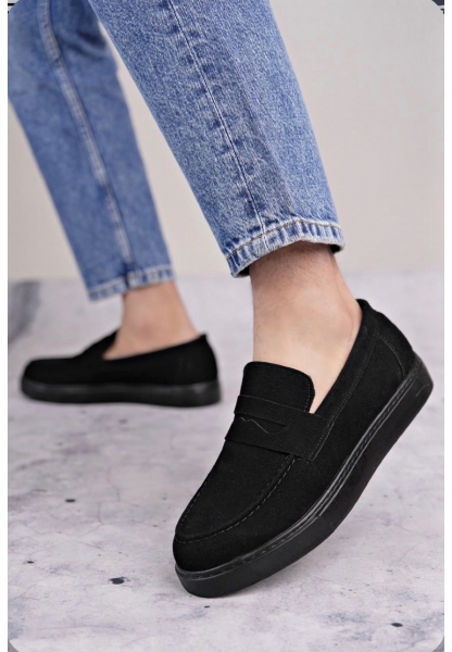 MirgeShoes Siyah Bağcıksız Erkek Loafer Ayakkabı Süet Kuşaklı Yüksek SYH Taban MRG010602898