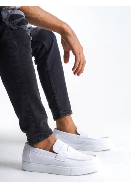 MirgeShoes Beyaz Bağcıksız Erkek Loafer Ayakkabı Kuşaklı Yüksek BYZ Taban MRG010602898