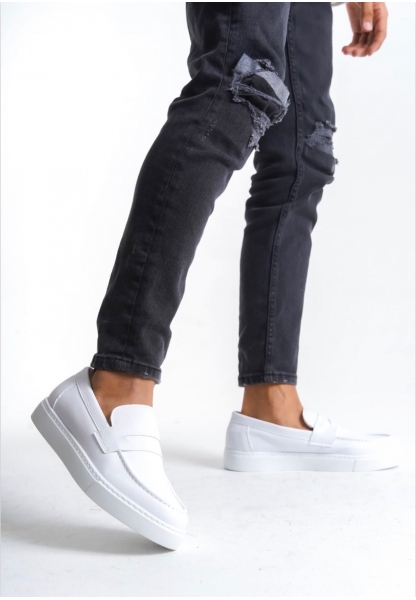 MirgeShoes Beyaz Bağcıksız Erkek Loafer Ayakkabı Kuşaklı Yüksek BYZ Taban MRG010602898