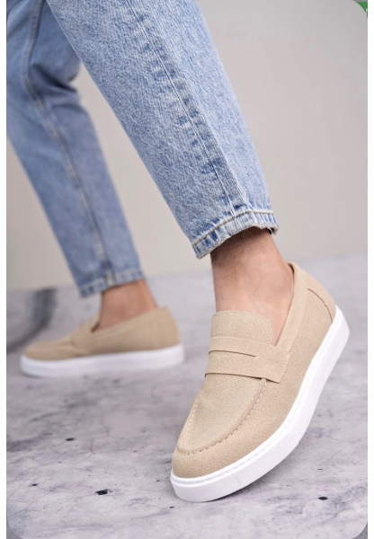 MirgeShoes Krem Bağcıksız Erkek Loafer Ayakkabı Süet Kuşaklı Yüksek BYZ Taban MRG010602898
