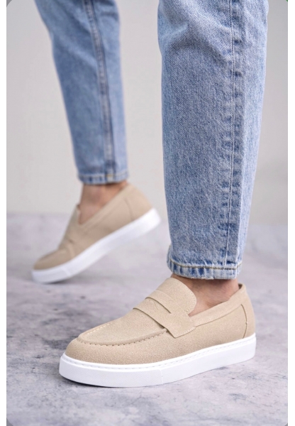 MirgeShoes Krem Bağcıksız Erkek Loafer Ayakkabı Süet Kuşaklı Yüksek BYZ Taban MRG010602898