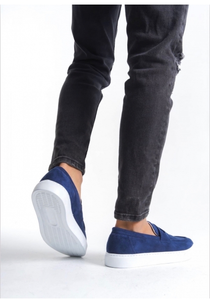MirgeShoes Lacivert Bağcıksız Erkek Loafer Ayakkabı Süet Kuşaklı Yüksek BYZ Taban MRG010602898