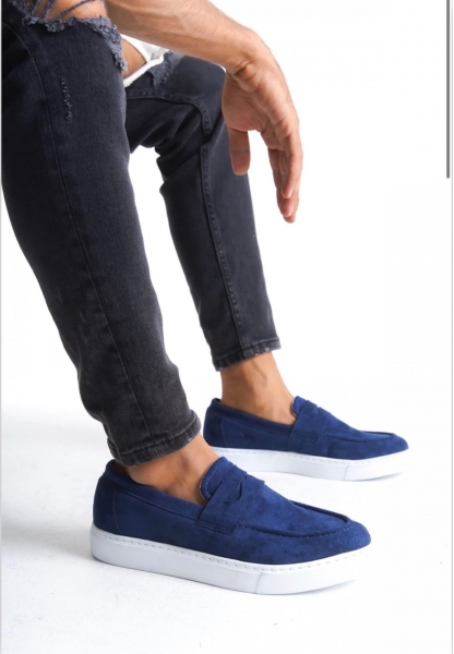 MirgeShoes Lacivert Bağcıksız Erkek Loafer Ayakkabı Süet Kuşaklı Yüksek BYZ Taban MRG010602898