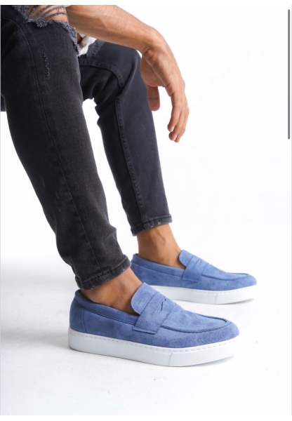 MirgeShoes Mavi Bağcıksız Erkek Loafer Ayakkabı Süet Kuşaklı Yüksek BYZ Taban MRG010602898
