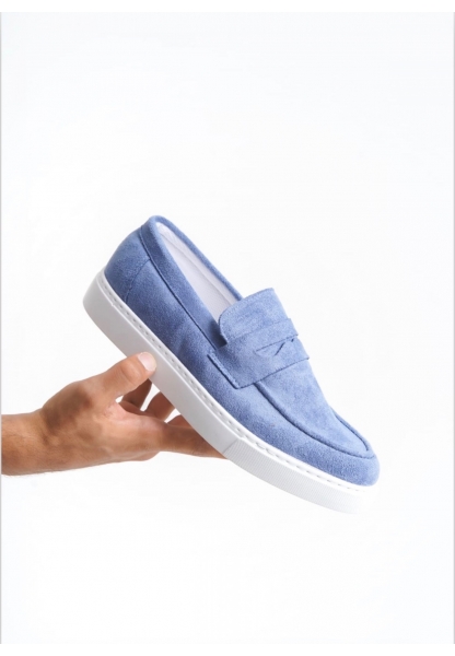 MirgeShoes Mavi Bağcıksız Erkek Loafer Ayakkabı Süet Kuşaklı Yüksek BYZ Taban MRG010602898