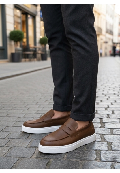 MirgeShoes Taba Bağcıksız Erkek Loafer Ayakkabı Kuşaklı Yüksek BYZ Taban MRG010602898