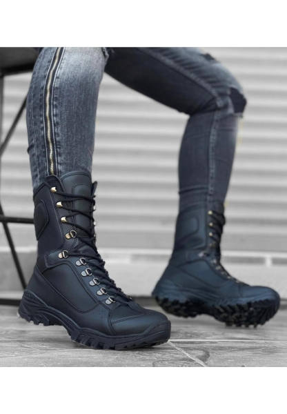 MirgeShoes Siyah Bağcıklı Erkek Outdoor Combat Bot Cilt Yüksek Kalın Taban MRG010602923