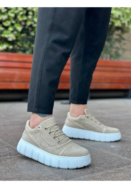 MirgeShoes Krem Bağcıklı Erkek Günlük Ayakkabı Kalın Yüksek BYZ Taban MRG010602984