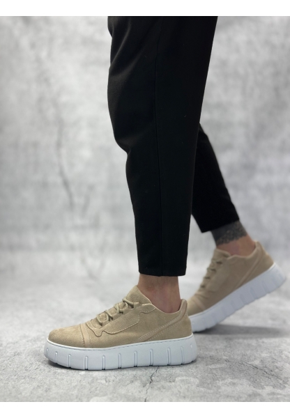 MirgeShoes Krem Bağcıklı Erkek Günlük Ayakkabı Kalın Yüksek BYZ Taban MRG010602984