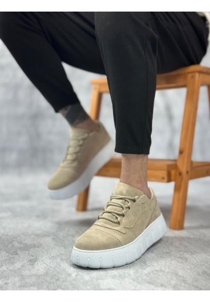 MirgeShoes Krem Bağcıklı Erkek Günlük Ayakkabı Kalın Yüksek BYZ Taban MRG010602984