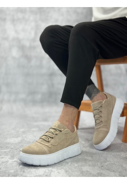 MirgeShoes Krem Bağcıklı Erkek Günlük Ayakkabı Kalın Yüksek BYZ Taban MRG010602984