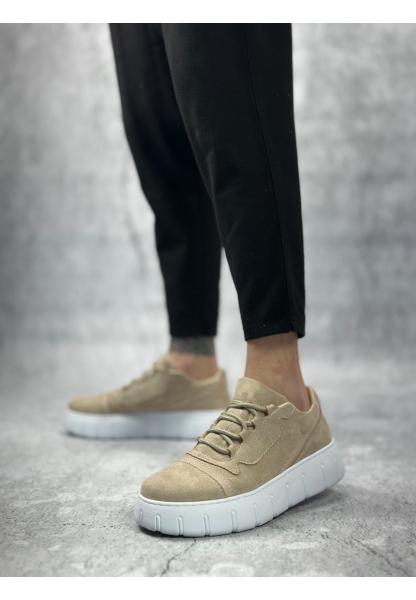 MirgeShoes Krem Bağcıklı Erkek Günlük Ayakkabı Kalın Yüksek BYZ Taban MRG010602984