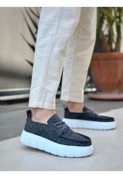 MirgeShoes Gri Erkek Casual Spor Ayakkabı Keten Tekstil Yüksek Kalın BYZ Taban MRG010602994