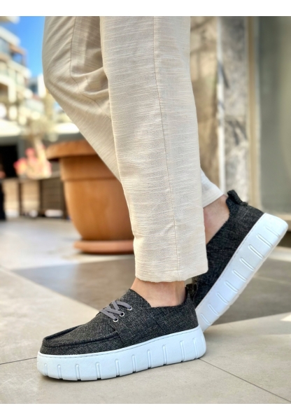 MirgeShoes Gri Erkek Casual Spor Ayakkabı Keten Tekstil Yüksek Kalın BYZ Taban MRG010602994