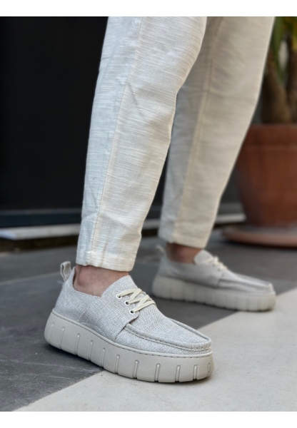 MirgeShoes Krem Erkek Casual Spor Ayakkabı Keten Tekstil Yüksek Kalın KRM Taban MRG010602994
