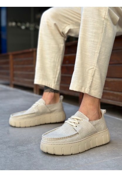 MirgeShoes Krem Erkek Casual Spor Ayakkabı Keten Tekstil Yüksek Kalın KRM Taban MRG010602994