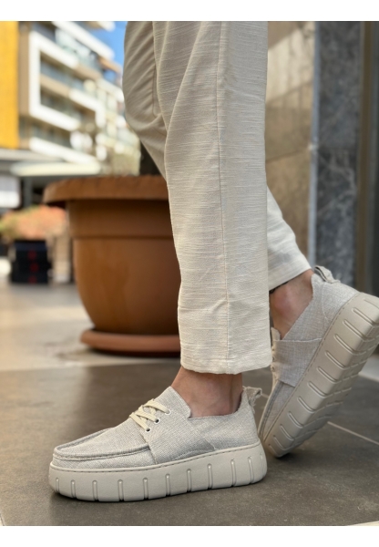 MirgeShoes Krem Erkek Casual Spor Ayakkabı Keten Tekstil Yüksek Kalın KRM Taban MRG010602994