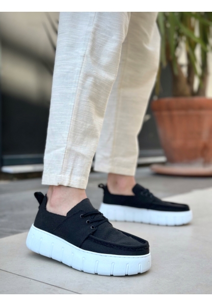 MirgeShoes Siyah Erkek Casual Spor Ayakkabı Keten Tekstil Yüksek Kalın BYZ Taban MRG010602994