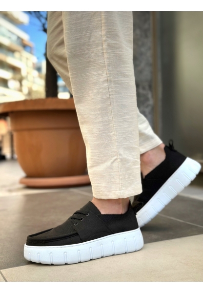 MirgeShoes Siyah Erkek Casual Spor Ayakkabı Keten Tekstil Yüksek Kalın BYZ Taban MRG010602994