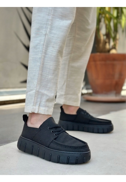 MirgeShoes Siyah Erkek Casual Spor Ayakkabı Keten Tekstil Yüksek Kalın SYH Taban MRG010602994
