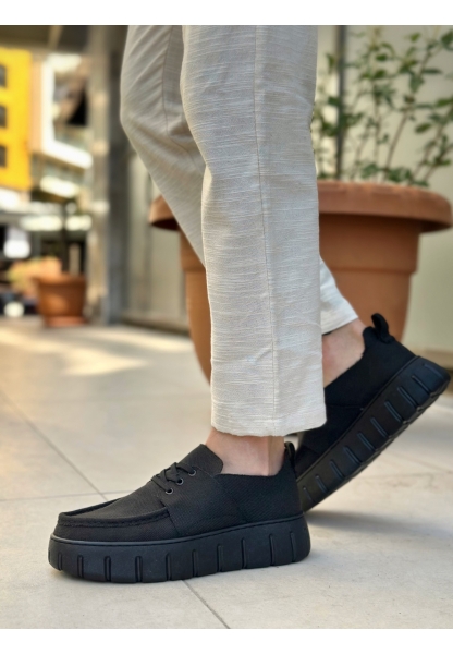 MirgeShoes Siyah Erkek Casual Spor Ayakkabı Keten Tekstil Yüksek Kalın SYH Taban MRG010602994