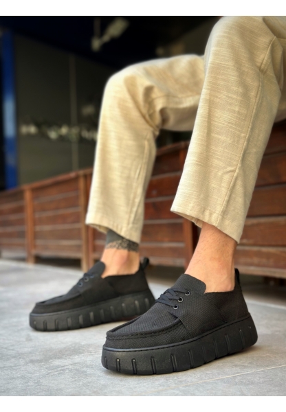 MirgeShoes Siyah Erkek Casual Spor Ayakkabı Keten Tekstil Yüksek Kalın SYH Taban MRG010602994