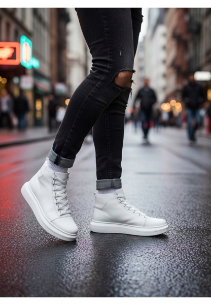 MirgeShoes Beyaz Bağcıklı Erkek Tarz Spor Bot Günlük Rahat Kalın BYZ Taban MRG010603031