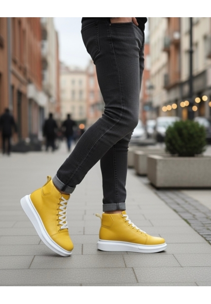 MirgeShoes Sarı Bağcıklı Erkek Tarz Spor Bot Günlük Rahat Kalın BYZ Taban MRG010603031