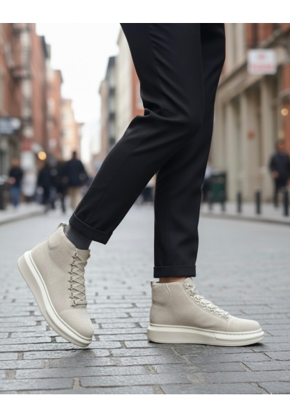 MirgeShoes Bej Bağcıklı Erkek Tarz Spor Bot Süet Günlük Rahat Kalın BEJ Taban MRG010603031