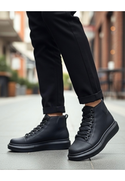 MirgeShoes Siyah Bağcıklı Erkek Tarz Spor Bot Günlük Rahat Kalın SYH Taban MRG010603031