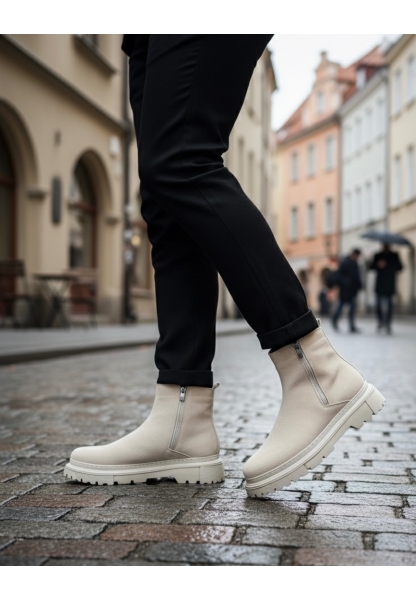 MirgeShoes Bej Çift Fermuarlı Erkek Yarım Bilek Bot Poli BEJ Taban MRG010603095