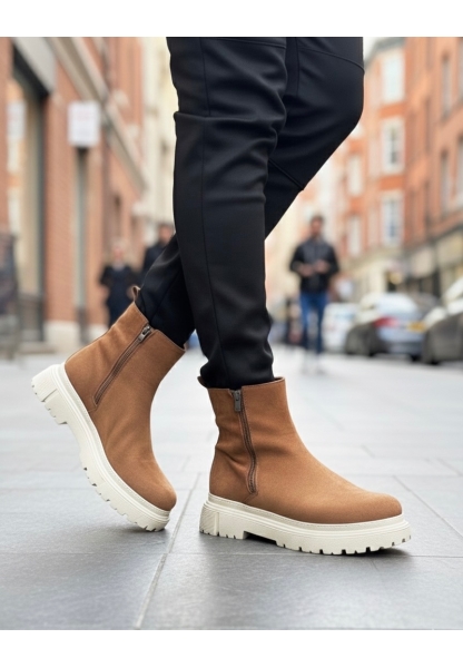 MirgeShoes Taba Çift Fermuarlı Erkek Yarım Bilek Bot Poli KRM Taban MRG010603095