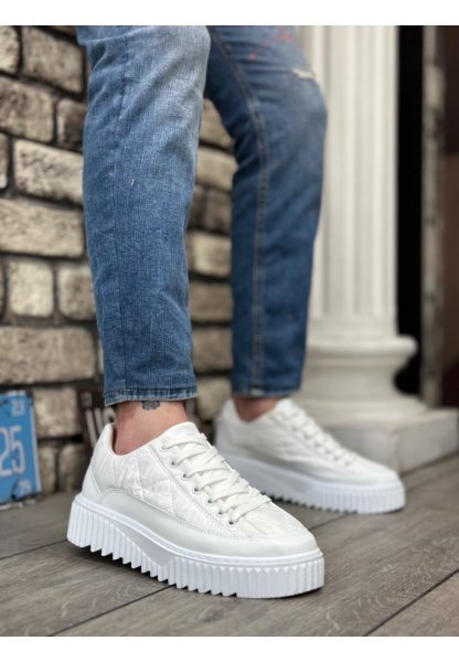MirgeShoes Beyaz Bağcıklı Erkek Casual Ayakkabı Tırtıklı Yüksek BYZ Taban MRG010603119