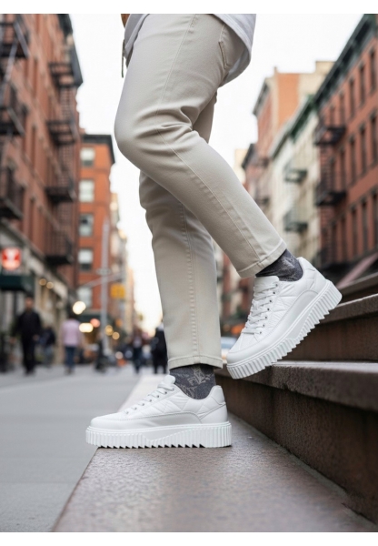 MirgeShoes Beyaz Bağcıklı Erkek Casual Ayakkabı Tırtıklı Yüksek BYZ Taban MRG010603119