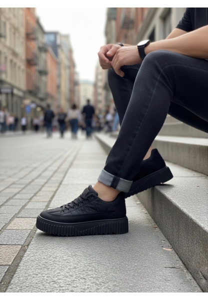 MirgeShoes Siyah Bağcıklı Erkek Casual Ayakkabı Paraşüt Kumaş Tırtıklı Yüksek SYH Taban MRG010603119